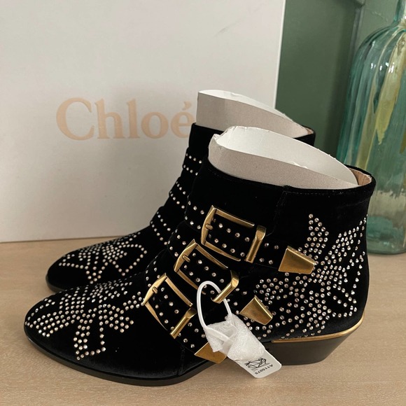 New Chloe Susanna Velvet Boots 36 Black Gold $1410 - Picture 8 of 10